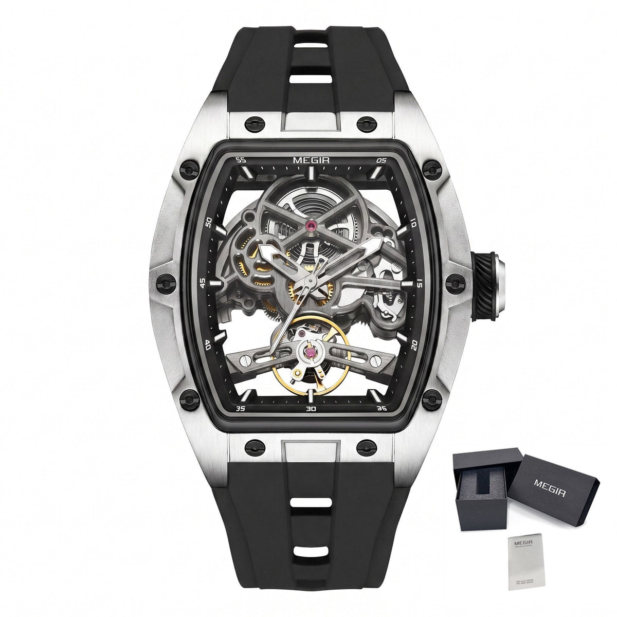 MEGIR Original Fashion Men Watches Automatic Mechanical Watch Steel Case Sport Skeleton Dial Wristwatch Waterproof Clock Reloj Hombre 2242