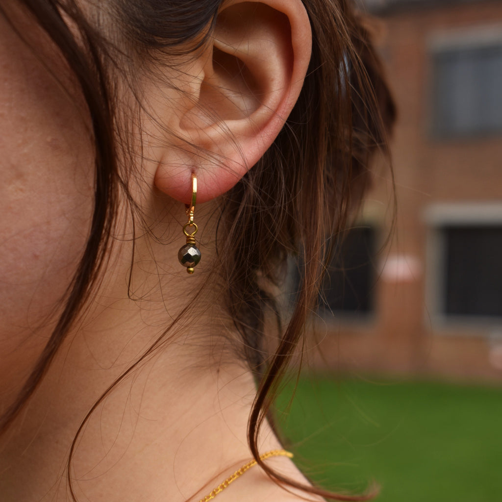 Minimalist faceted bronze pyrite gemstone huggie earrings | by Ifemi Jewels