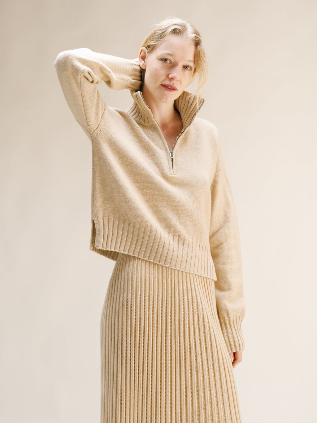 Cashmere Mix High Neck Zip Sweater