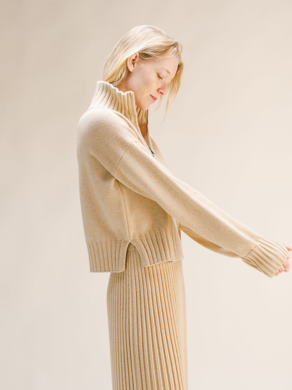 Cashmere Mix High Neck Zip Sweater