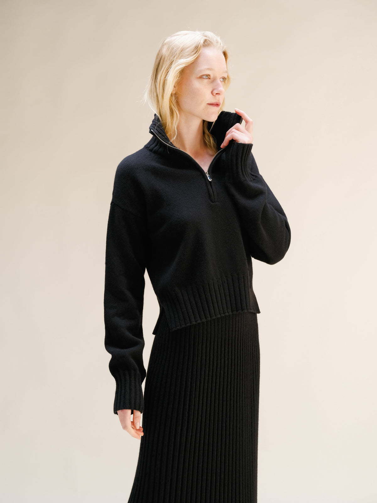 Cashmere Mix High Neck Zip Sweater