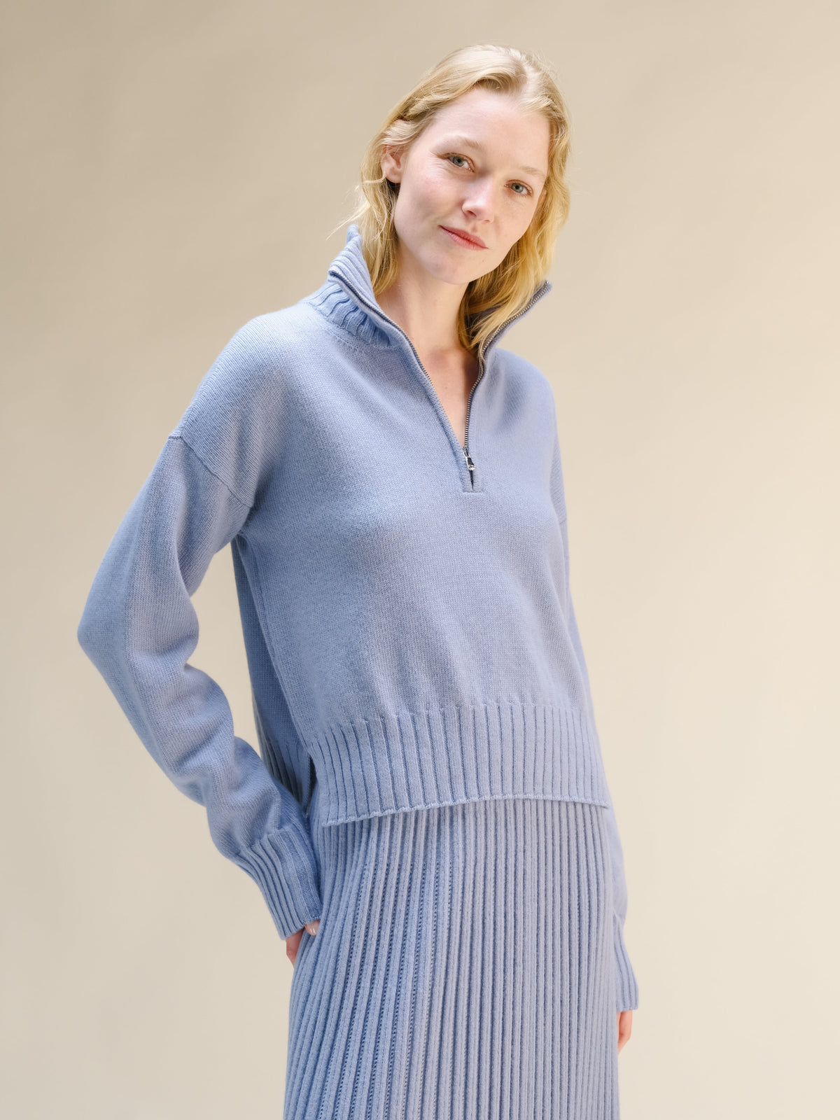 Cashmere Mix High Neck Zip Sweater