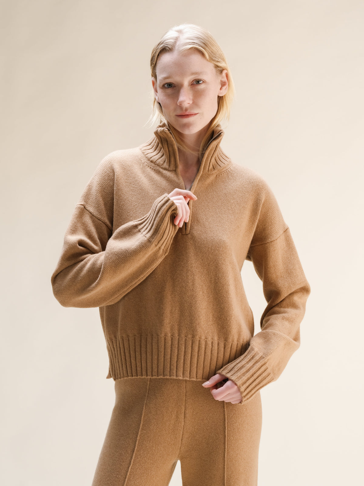 Cashmere Mix High Neck Zip Sweater