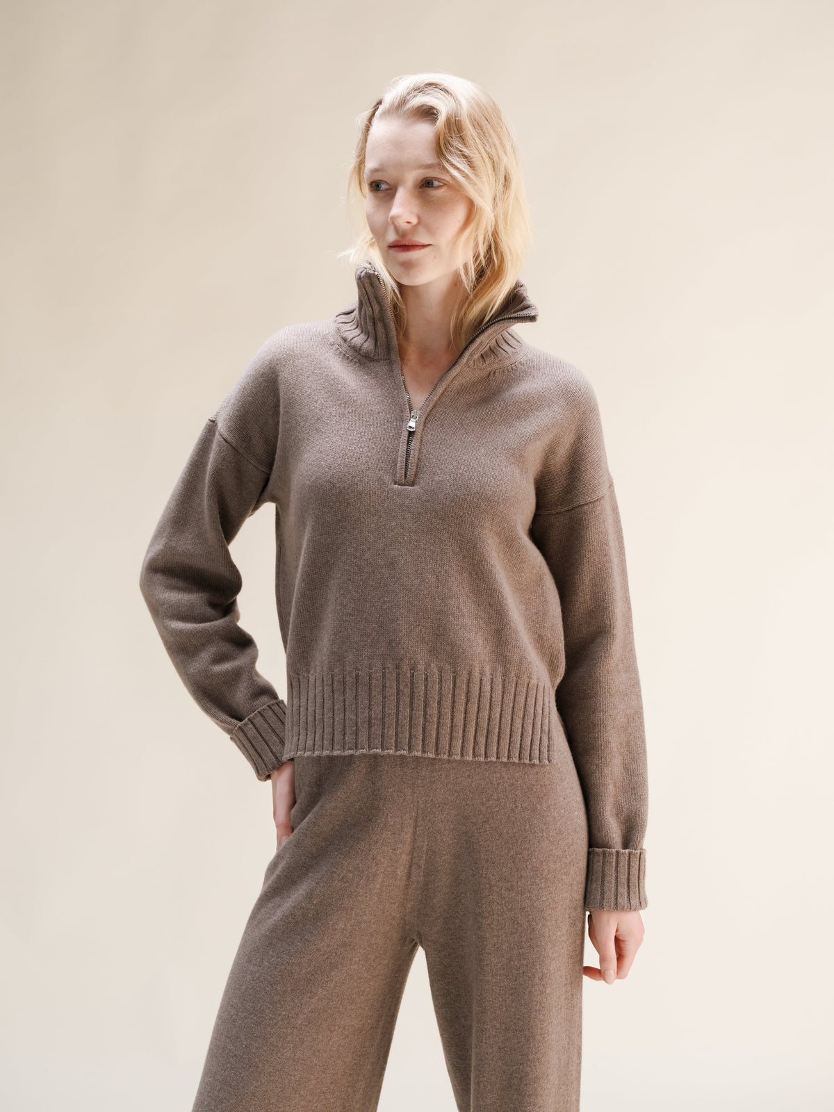 Cashmere Mix High Neck Zip Sweater