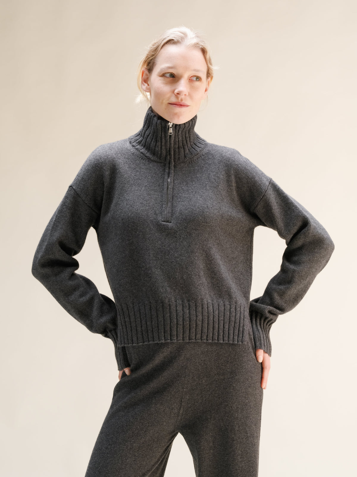 Cashmere Mix High Neck Zip Sweater